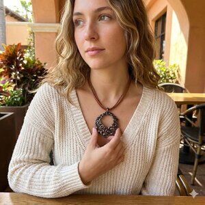 Sterling Silver Israel Multi Cord Leather Statement Scroll Necklace Modern 18”